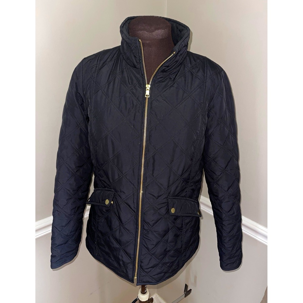Ann Taylor Factory Black Quilted Zip Jacket Pockets Snap Button Womens M Gold